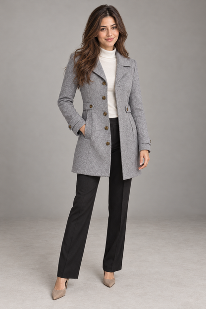Bloodnew – Manteau en laine mi-long à col revers – Boutonnage simple, élégant – Gris – full