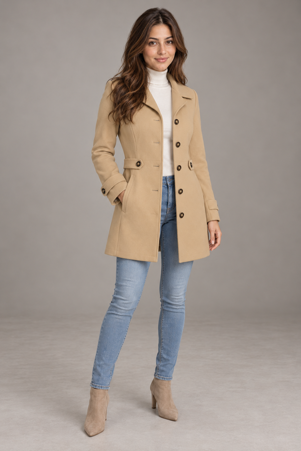 Bloodnew – Manteau en laine mi-long à col revers – Boutonnage simple, élégant – Kaki – full