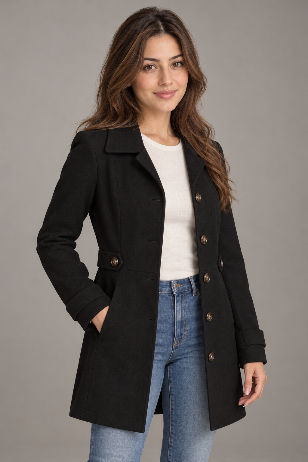 Bloodnew – Manteau en laine mi-long à col revers – Boutonnage simple, élégant – Noir – close