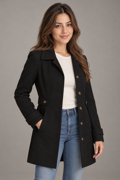 Bloodnew – Manteau en laine mi-long à col revers – Boutonnage simple, élégant – Noir – close