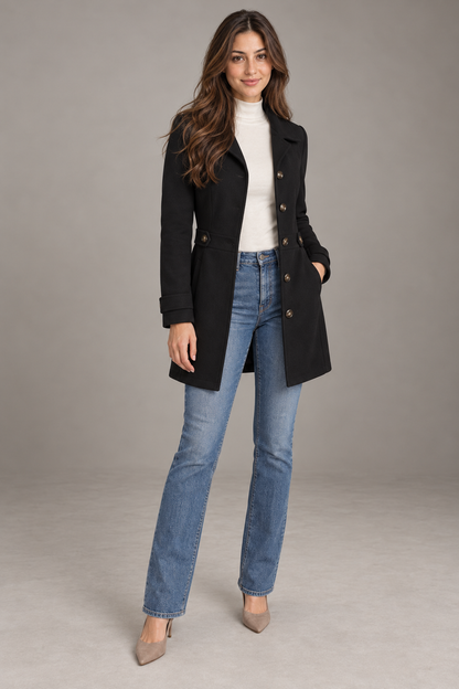 Bloodnew – Manteau en laine mi-long à col revers – Boutonnage simple, élégant – Noir – full