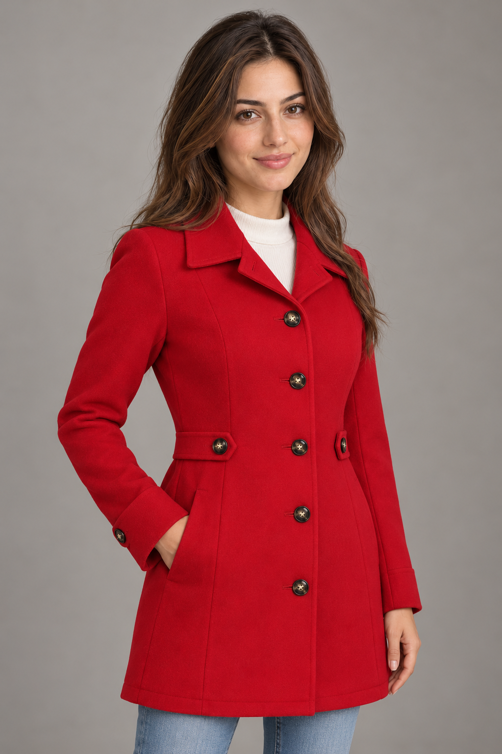 Bloodnew – Manteau en laine mi-long à col revers – Boutonnage simple, élégant – Rouge – close