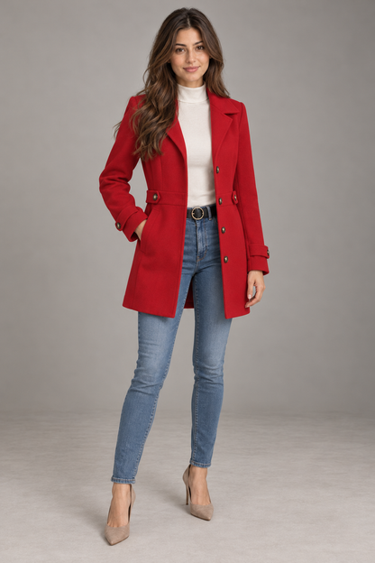 Bloodnew – Manteau en laine mi-long à col revers – Boutonnage simple, élégant – Rouge – full