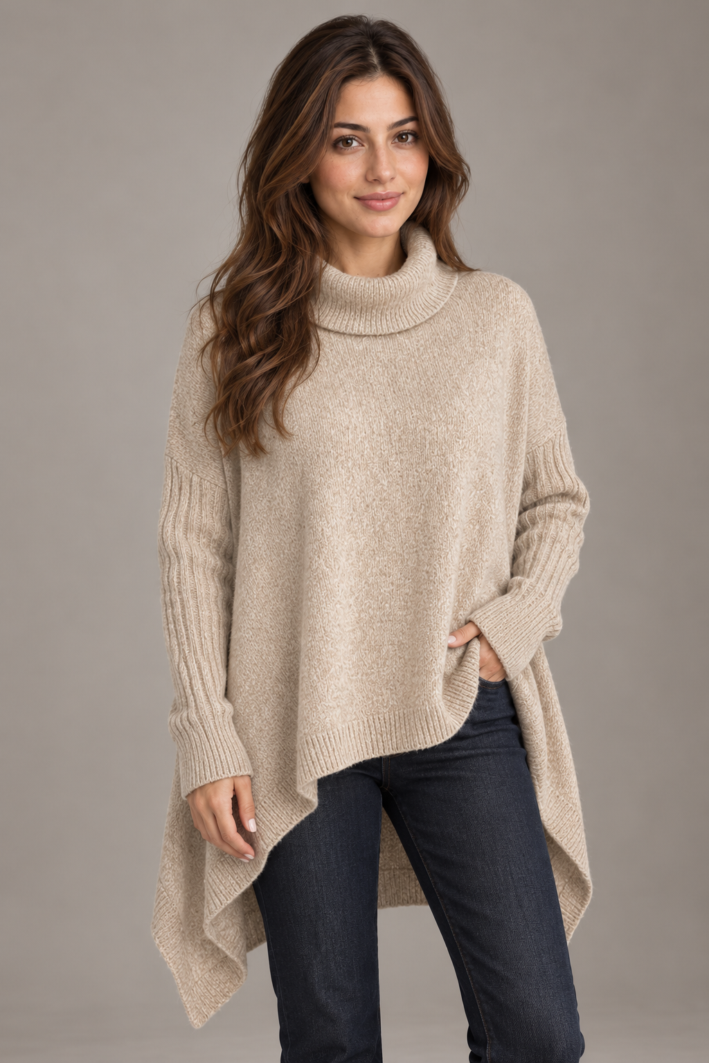Bloodnew – Pull col roulé asymétrique en maille – Coupe ample, chaud et doux – Abricot – close