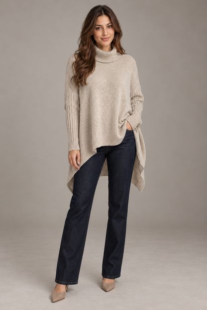 Bloodnew – Pull col roulé asymétrique en maille – Coupe ample, chaud et doux – Abricot – full