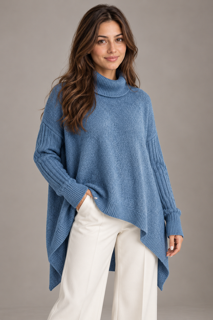 Bloodnew – Pull col roulé asymétrique en maille – Coupe ample, chaud et doux – Bleu ciel – close
