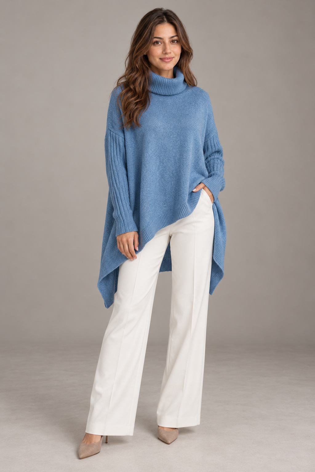 Bloodnew – Pull col roulé asymétrique en maille – Coupe ample, chaud et doux – Bleu ciel – full