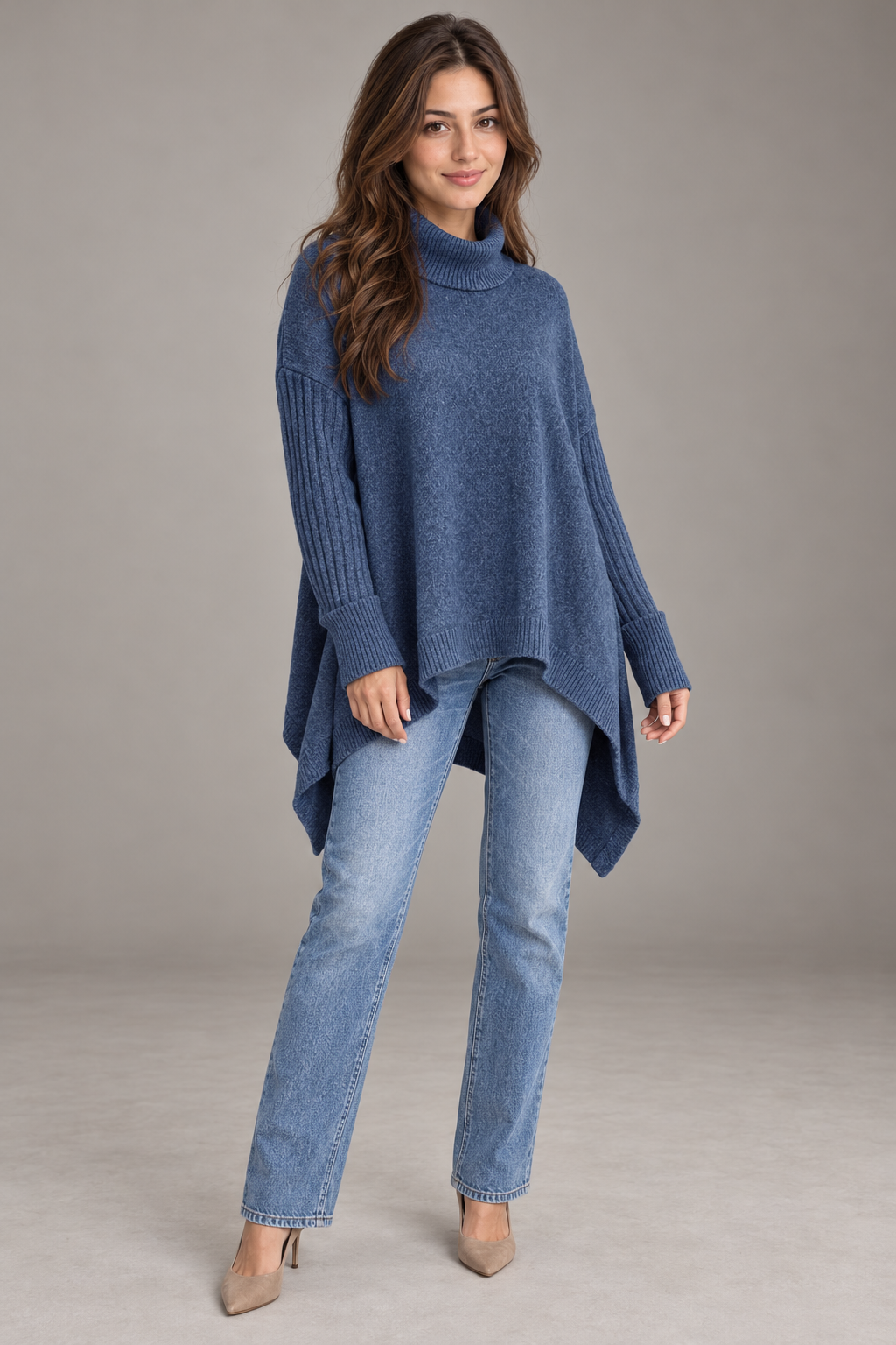 Bloodnew – Pull col roulé asymétrique en maille – Coupe ample, chaud et doux – Bleu foncé – full