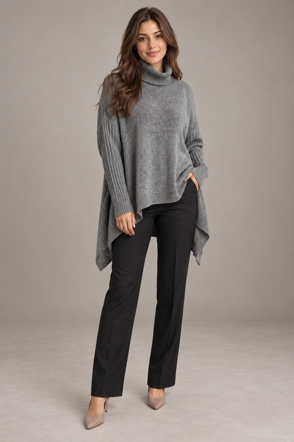 Bloodnew – Pull col roulé asymétrique en maille – Coupe ample, chaud et doux – Gris – full