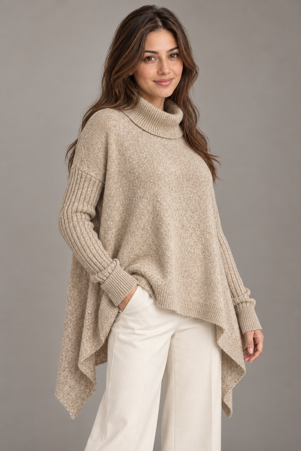 Bloodnew – Pull col roulé asymétrique en maille – Coupe ample, chaud et doux – Kaki clair – close