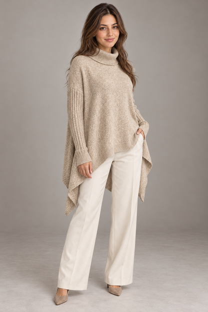 Bloodnew – Pull col roulé asymétrique en maille – Coupe ample, chaud et doux – Kaki clair – full