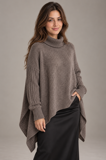 Bloodnew – Pull col roulé asymétrique en maille – Coupe ample, chaud et doux – Marron clair – close