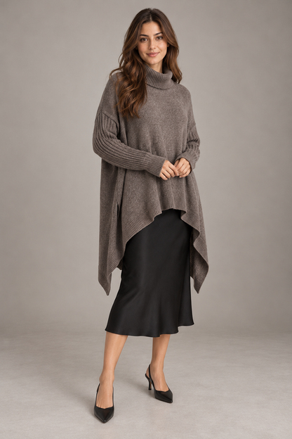 Bloodnew – Pull col roulé asymétrique en maille – Coupe ample, chaud et doux – Marron clair – full