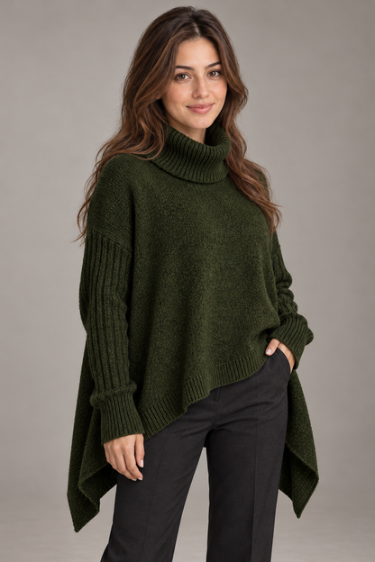 Bloodnew – Pull col roulé asymétrique en maille – Coupe ample, chaud et doux – Vert foncé – close