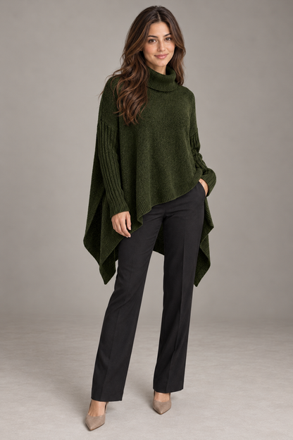 Bloodnew – Pull col roulé asymétrique en maille – Coupe ample, chaud et doux – Vert foncé – full