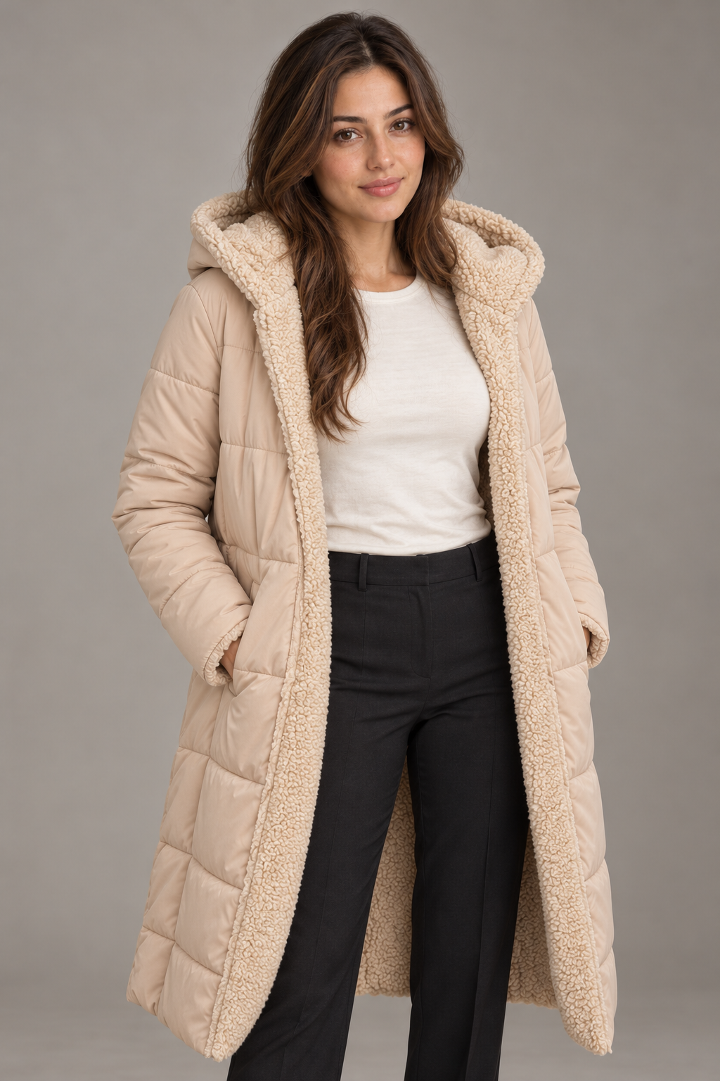 Bloodnew – Manteau long à capuche réversible – Coupe cintrée, chaud et élégant – Abricot – close