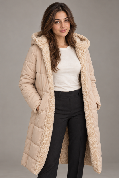 Bloodnew – Manteau long à capuche réversible – Coupe cintrée, chaud et élégant – Abricot – close