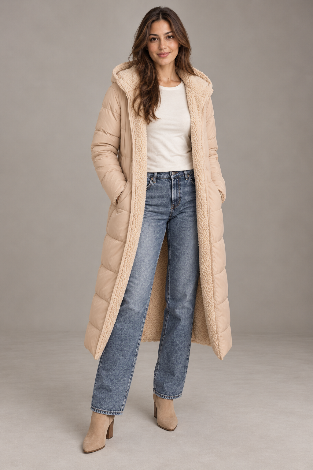 Bloodnew – Manteau long à capuche réversible – Coupe cintrée, chaud et élégant – Abricot – full