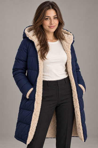 Bloodnew – Manteau long à capuche réversible – Coupe cintrée, chaud et élégant – Bleu marine – close