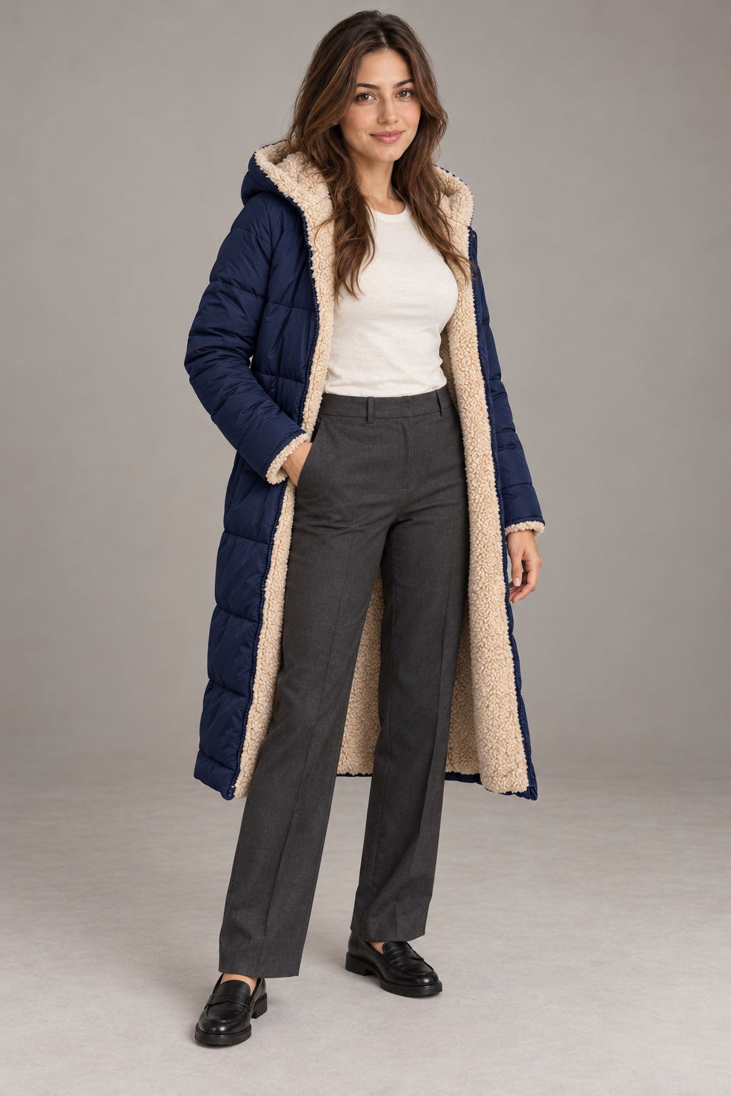 Bloodnew – Manteau long à capuche réversible – Coupe cintrée, chaud et élégant – Bleu marine – full