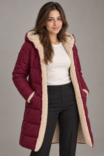 Bloodnew – Manteau long à capuche réversible – Coupe cintrée, chaud et élégant – Bordeaux – close