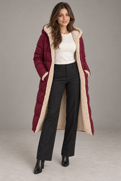 Bloodnew – Manteau long à capuche réversible – Coupe cintrée, chaud et élégant – Bordeaux – full