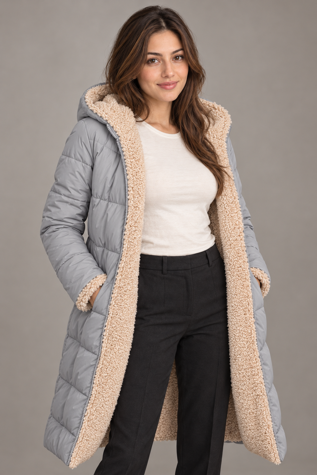 Bloodnew – Manteau long à capuche réversible – Coupe cintrée, chaud et élégant – Gris argent – close