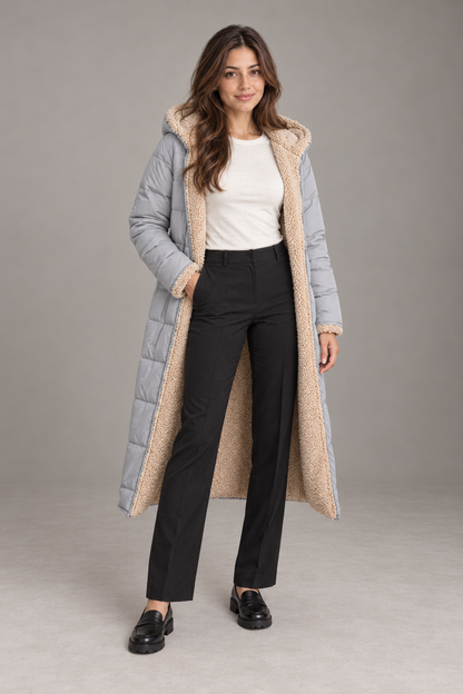 Bloodnew – Manteau long à capuche réversible – Coupe cintrée, chaud et élégant – Gris argent – full