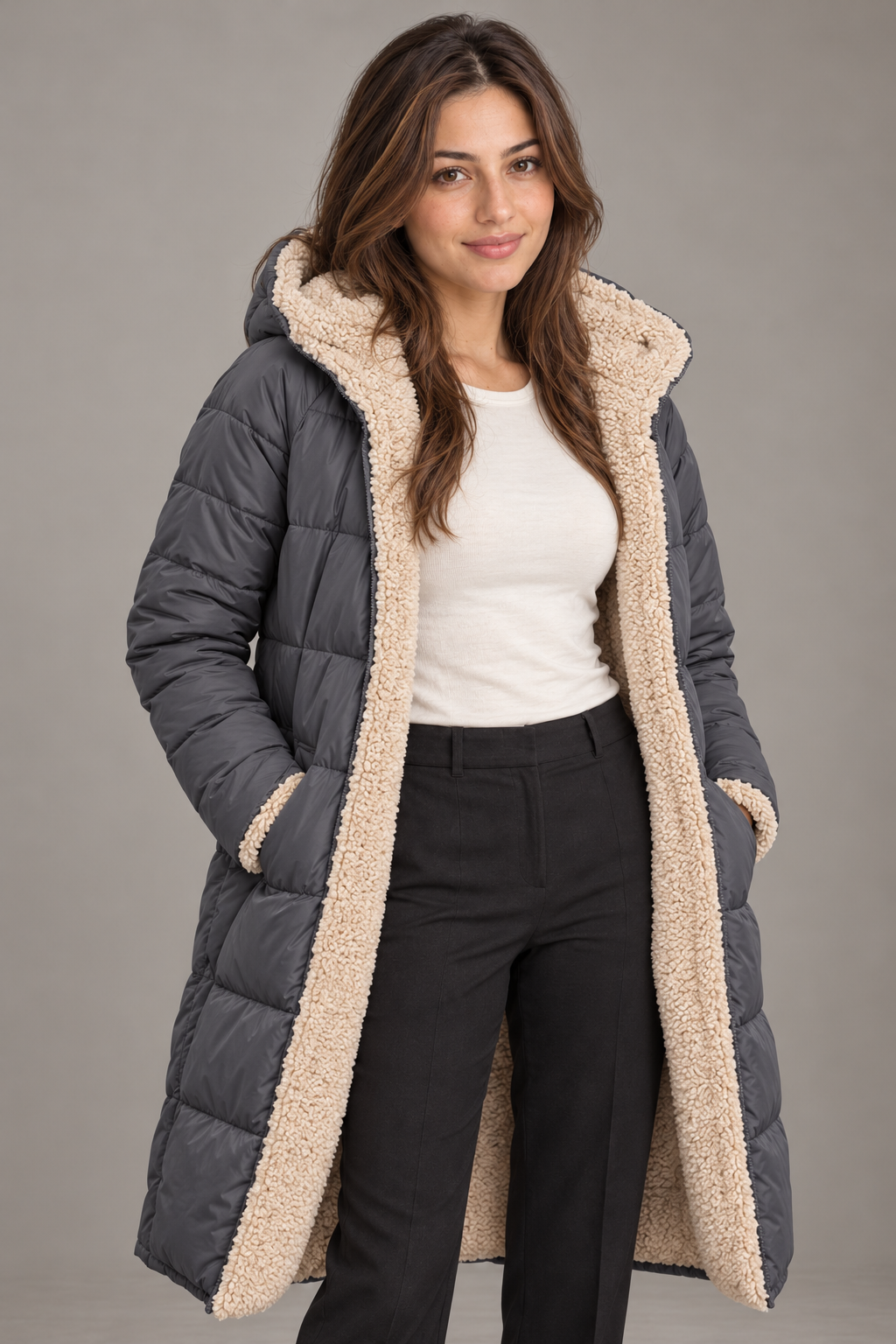 Bloodnew – Manteau long à capuche réversible – Coupe cintrée, chaud et élégant – Gris foncé – close