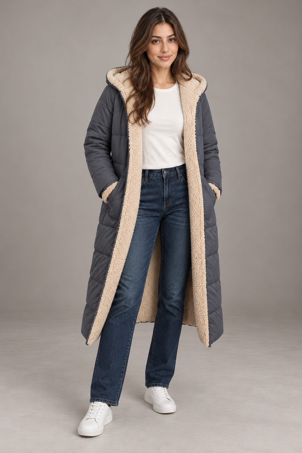 Bloodnew – Manteau long à capuche réversible – Coupe cintrée, chaud et élégant – Gris foncé – full