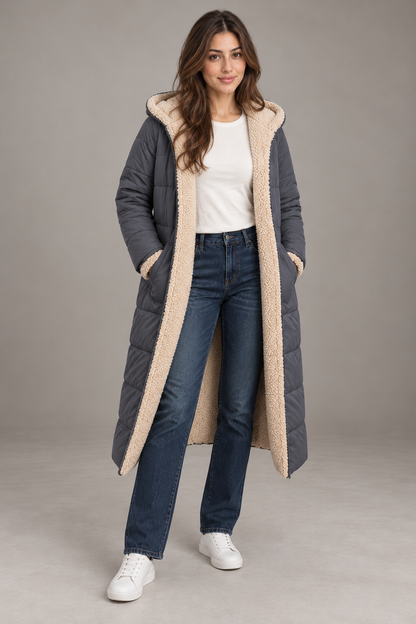 Bloodnew – Manteau long à capuche réversible – Coupe cintrée, chaud et élégant – Gris foncé – full