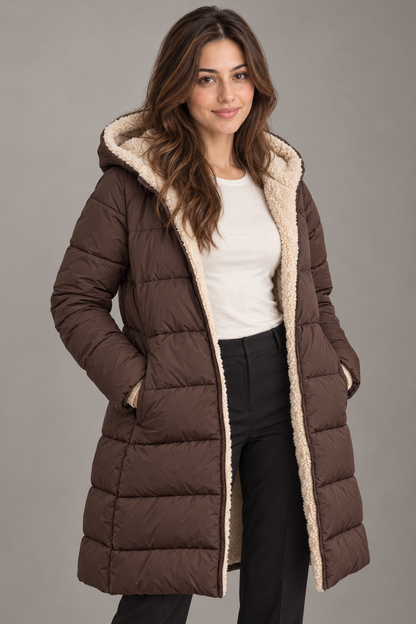 Bloodnew – Manteau long à capuche réversible – Coupe cintrée, chaud et élégant – Marron – close