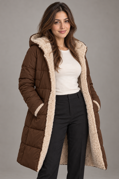 Bloodnew – Manteau long à capuche réversible – Coupe cintrée, chaud et élégant – Marron foncé – close