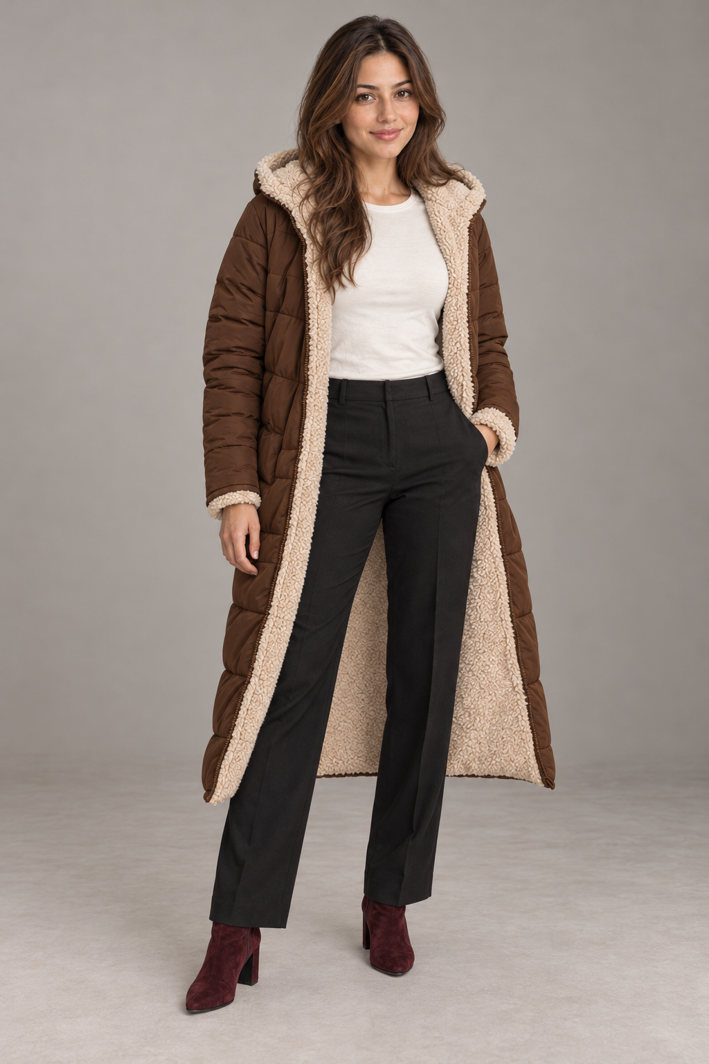 Bloodnew – Manteau long à capuche réversible – Coupe cintrée, chaud et élégant – Marron foncé – full
