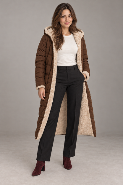 Bloodnew – Manteau long à capuche réversible – Coupe cintrée, chaud et élégant – Marron foncé – full