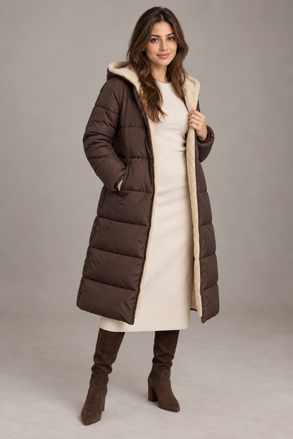 Bloodnew – Manteau long à capuche réversible – Coupe cintrée, chaud et élégant – Marron – full