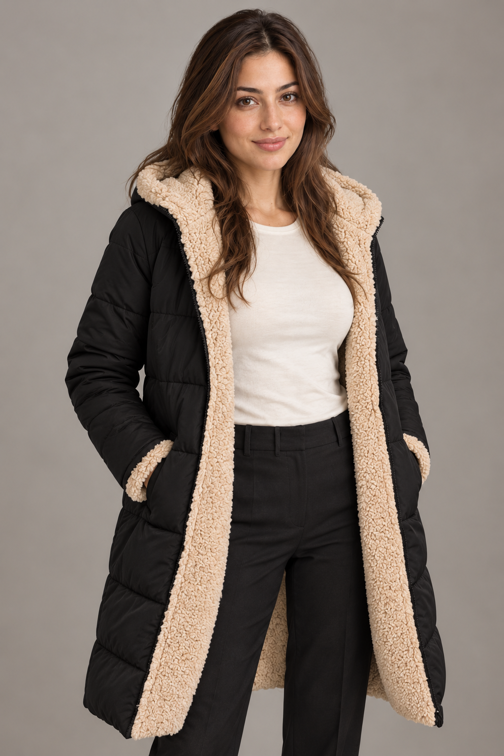 Bloodnew – Manteau long à capuche réversible – Coupe cintrée, chaud et élégant – Noir – close