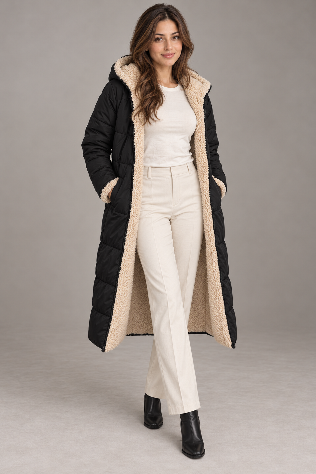 Bloodnew – Manteau long à capuche réversible – Coupe cintrée, chaud et élégant – Noir – full