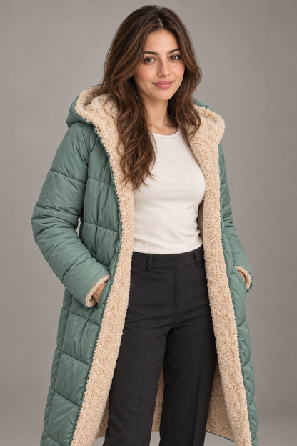 Bloodnew – Manteau long à capuche réversible – Coupe cintrée, chaud et élégant – Vert clair – close