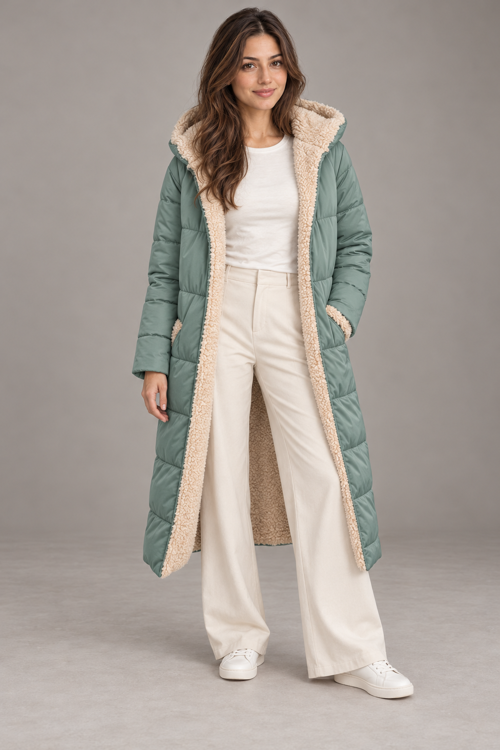 Bloodnew – Manteau long à capuche réversible – Coupe cintrée, chaud et élégant – Vert clair – full