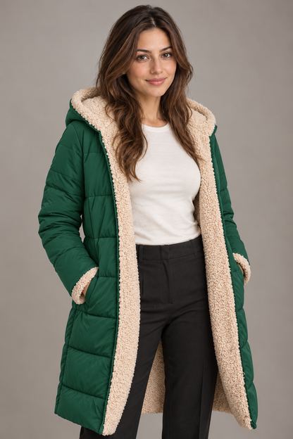 Bloodnew – Manteau long à capuche réversible – Coupe cintrée, chaud et élégant – Vert – close