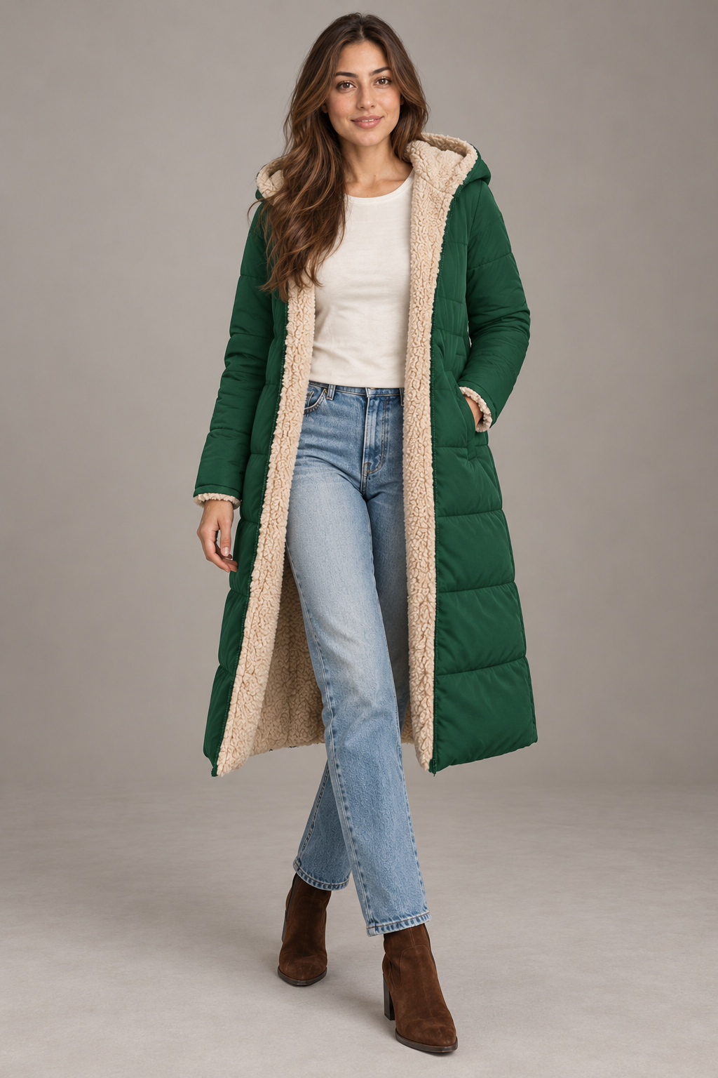 Bloodnew – Manteau long à capuche réversible – Coupe cintrée, chaud et élégant – Vert – full