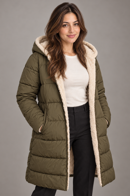 Bloodnew – Manteau long à capuche réversible – Coupe cintrée, chaud et élégant – Vert militaire – close