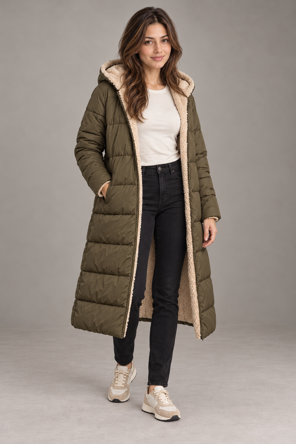 Bloodnew – Manteau long à capuche réversible – Coupe cintrée, chaud et élégant – Vert militaire – full