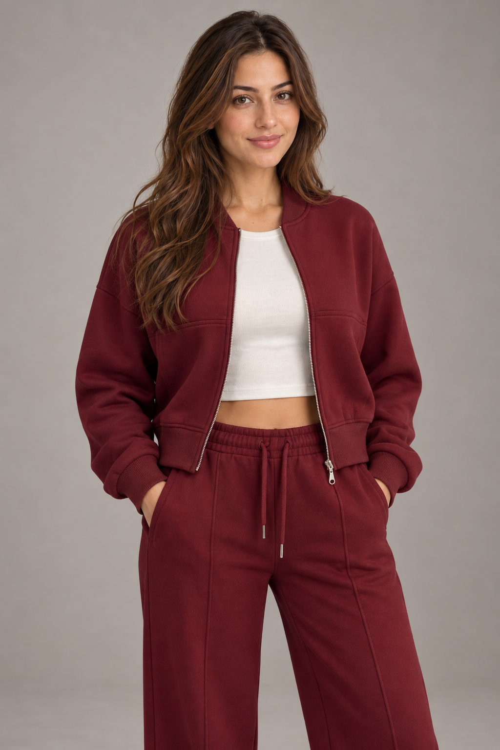 Bloodnew – Ensemble sport veste zippée et pantalon large – 2 pièces – Bordeaux – close