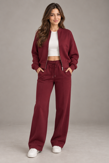 Bloodnew – Ensemble sport veste zippée et pantalon large – 2 pièces – Bordeaux – full