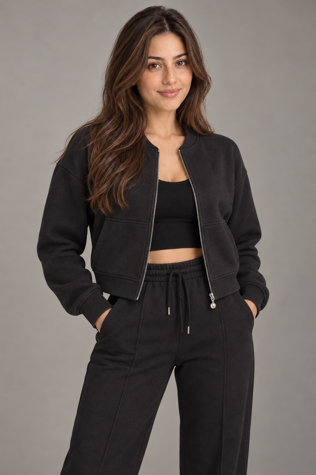 Bloodnew – Ensemble sport veste zippée et pantalon large – 2 pièces – Noir – close