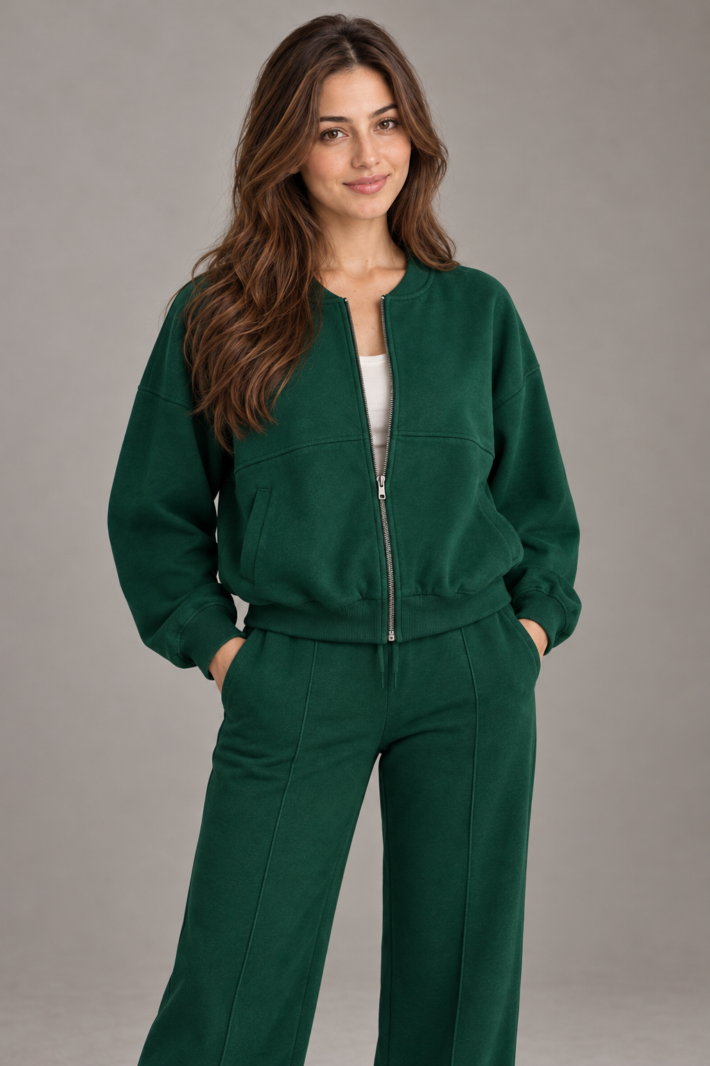 Bloodnew – Ensemble sport veste zippée et pantalon large – 2 pièces – Vert foncé – close