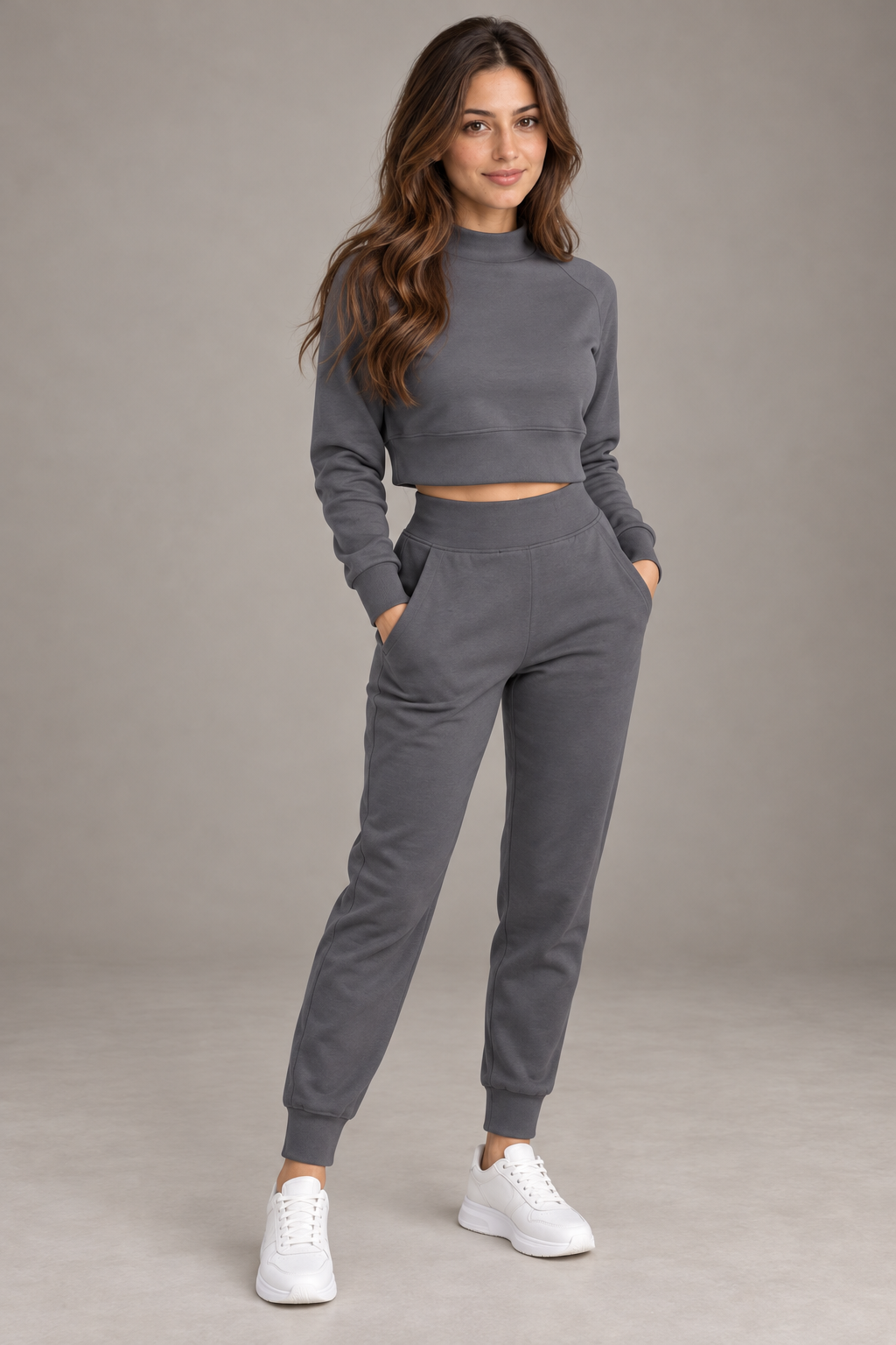 Bloodnew – Ensemble sport col montant – Haut court et pantalon slim à poches – Gris foncé – full