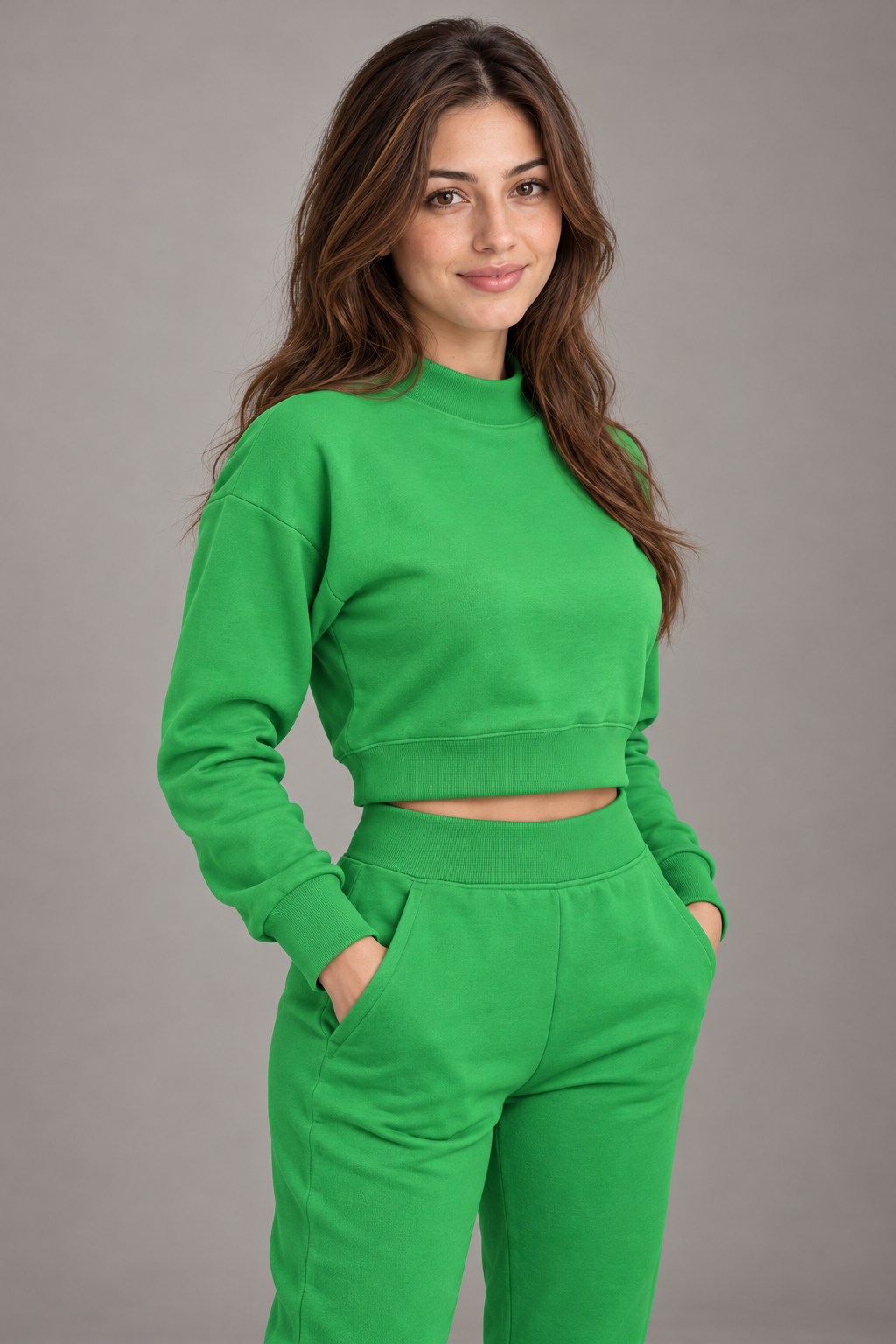 Bloodnew – Ensemble sport col montant – Haut court et pantalon slim à poches – Vert – close
